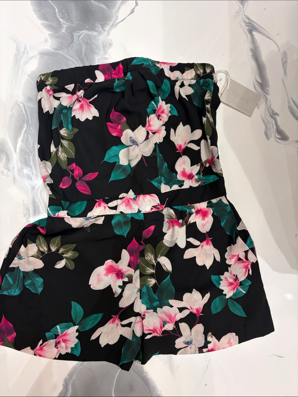 1. State Black Floral Strapless Shorts Romper with Pink & Teal Blooms NWT